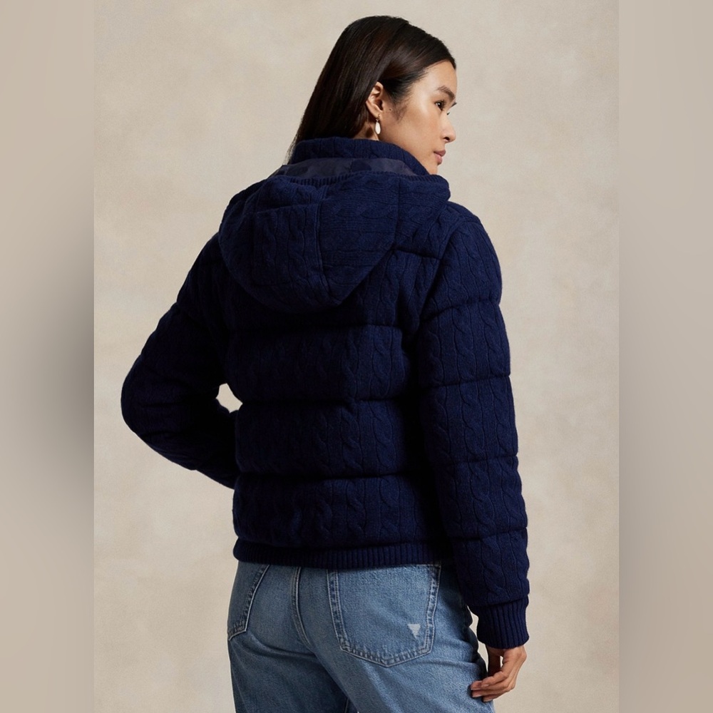 Polo Ralph Lauren Cable Knit Navy Puffer Jacket - Picture 2 of 8